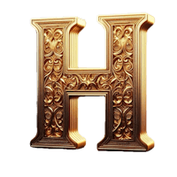 an ornate gold letter h on a black background